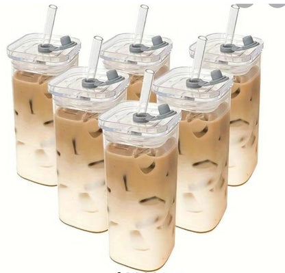 Square Transparent Glass Coffee Cup With Lid and Straw