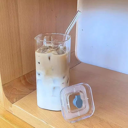 Square Transparent Glass Coffee Cup With Lid and Straw