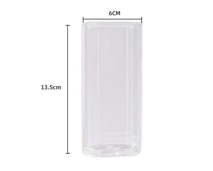 Square Transparent Glass Coffee Cup With Lid and Straw