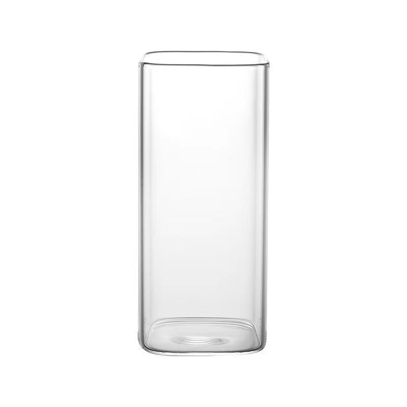 Square Transparent Glass Coffee Cup With Lid and Straw