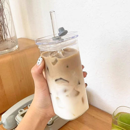 Square Transparent Glass Coffee Cup With Lid and Straw